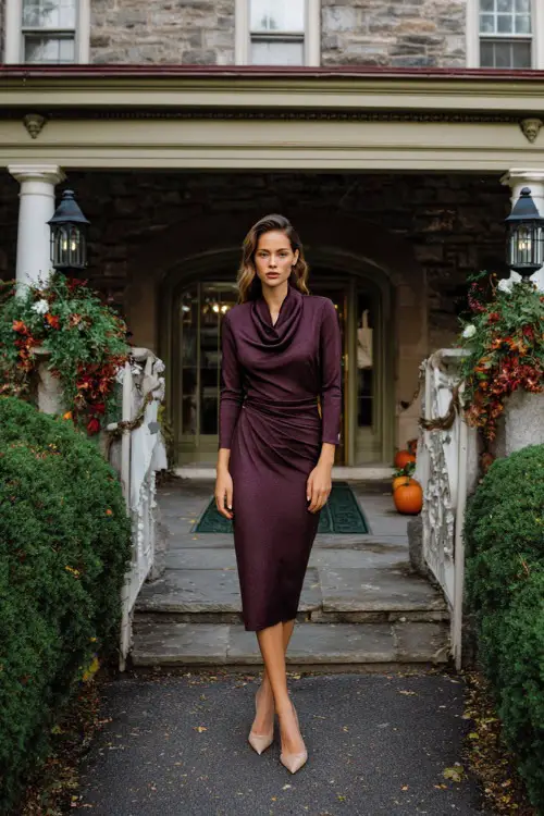 Woman wearing a plum midi dress with a cowl neckline and subtle shimmer, posing at the entrance of a historic estate decorated for an October celebration 