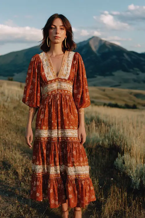 Woman wearing a rust and cream embroidered boho midi dress with tiered skirt, paired with leather sandals and gold hoop earrings, standing in a field with a mountain backdrop