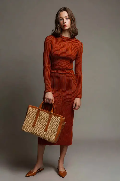 Woman wearing a rust-colored ribbed midi dress with a crew neckline and long sleeves, styled with tan leather flats and a woven handbag, posed full-body in neutral studio