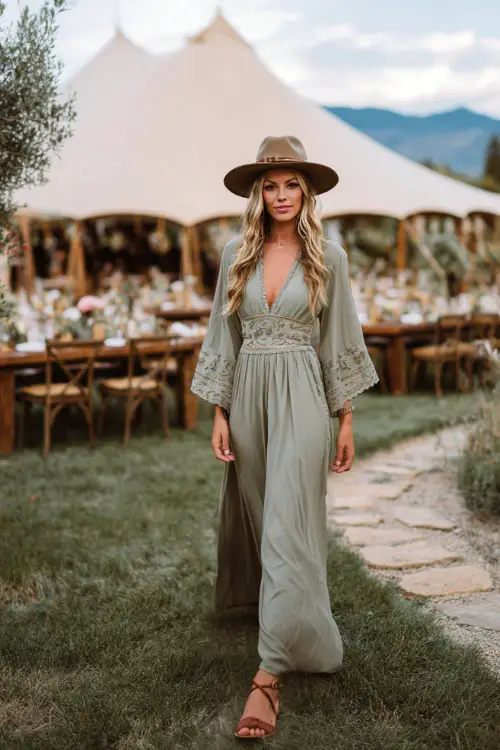 Woman wearing a sage green boho wrap dress with embroidery on the bodice and flowy sleeves, styled with leather sandals and a felt hat, walking through a rustic garden wedding setup 