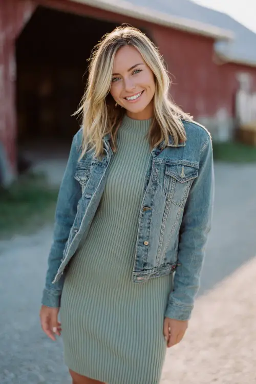 Woman wearing a sage green ribbed knit dress with a mock neck, layered under a denim jacket, paired with ankle boots, standing at a casual October barn wedding