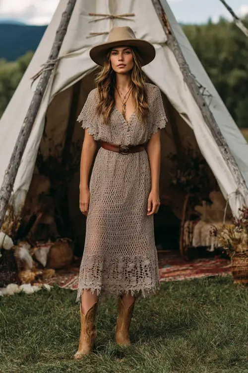 Woman wearing a taupe crochet boho midi dress with scalloped hem, accessorized with a brown leather belt and ankle boots, standing in front of a teepee-style wedding altar 