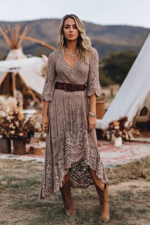 Woman wearing a taupe crochet boho midi dress with scalloped hem, accessorized with a brown leather belt and ankle boots, standing in front of a teepee-style wedding altar