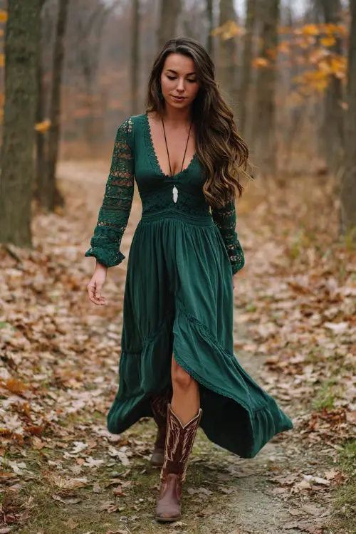 Woman wearing an emerald green boho maxi dress with lace panels, paired with cowboy boots and a long pendant necklace, walking through a wooded path with fallen leaves 