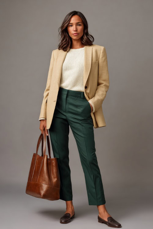 Woman wearing straight-leg dark green trousers with a structured camel blazer and ivory knit top, leather flats and a classic tote, full-body studio shot 