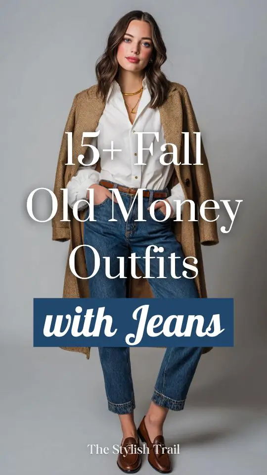 a woman in a fall old money outfit with denim with a buttoned white blouse and long tan wool coat, accessorized with brown leather loafers
