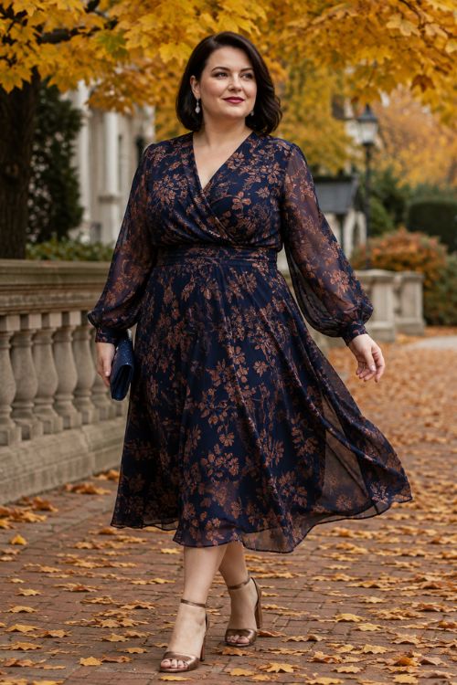 a woman wearing a midnight navy chiffon midi dress with a copper botanical print and flowing sheer sleeves