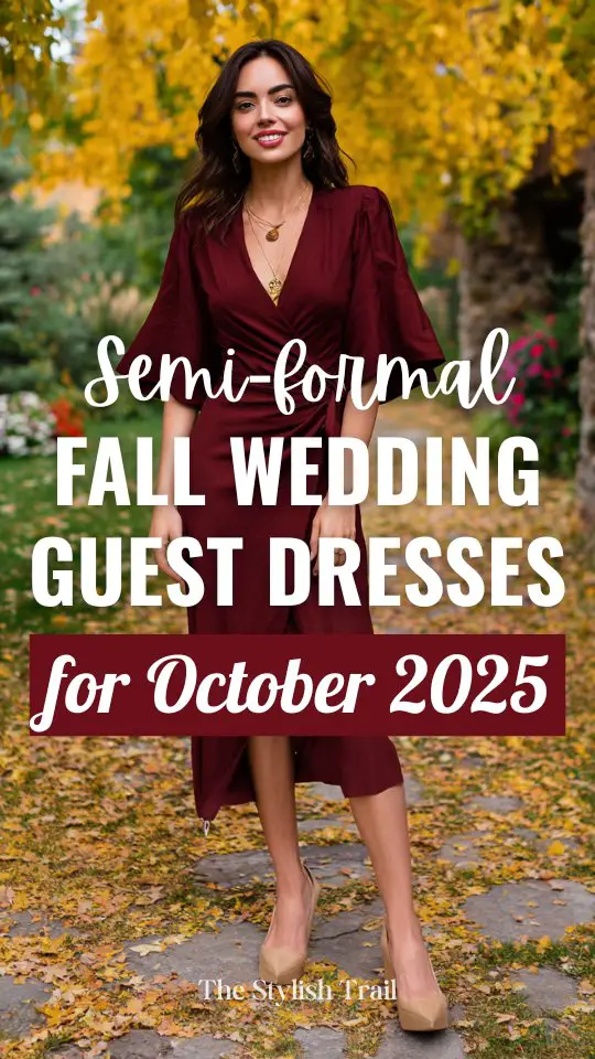 a woman wears a burgundy semi formal fall wedding guest dress with flutter sleeves and neutral heels for October wedding