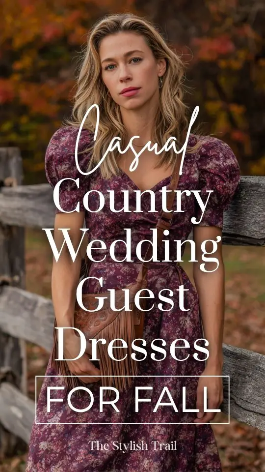 a woman wears a casual floral country wedding guest dress for fall