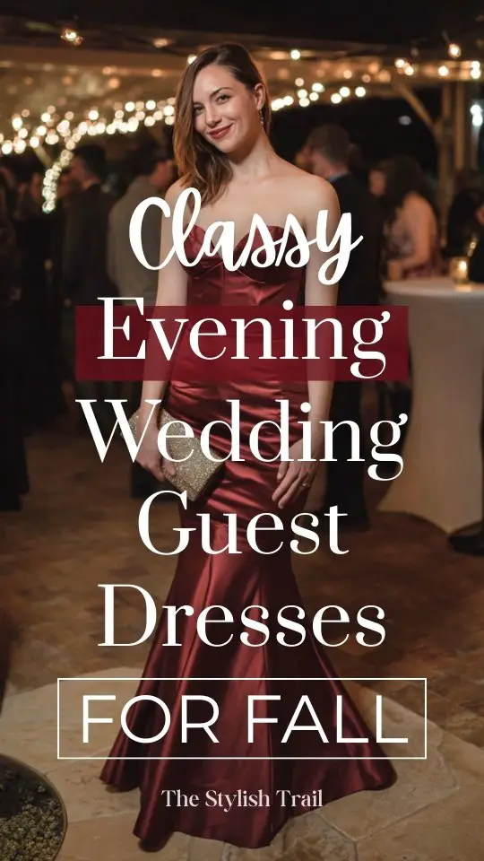 a woman wears a classy red off shoulder wedding guest dress for a fall evening wedding