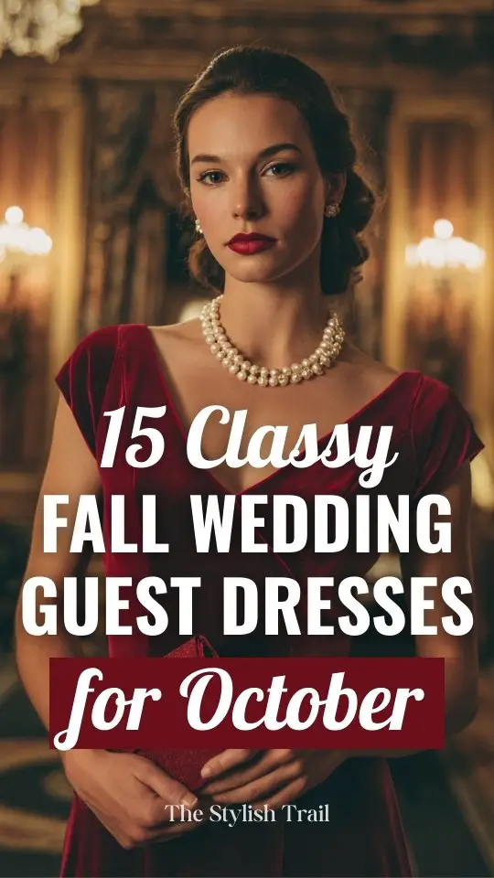 a woman wears a classy red velvet fall wedding guest dress for October