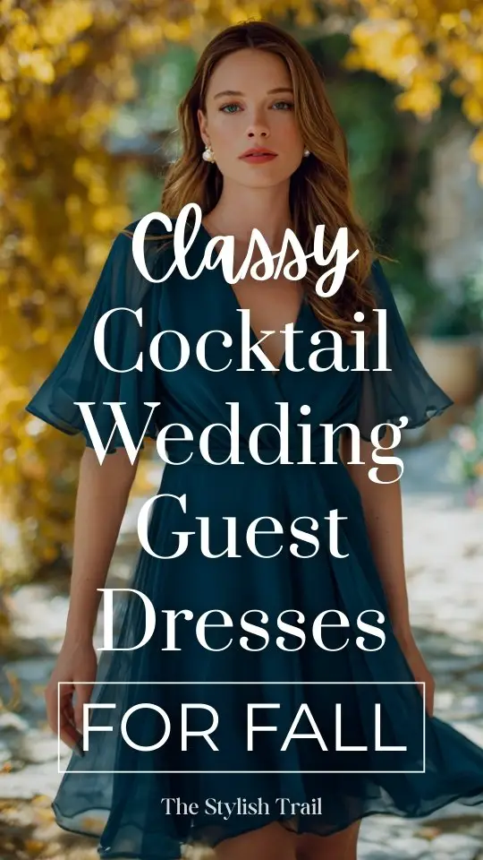 a woman wears a classy teal cocktail wedding guest dress for fall
