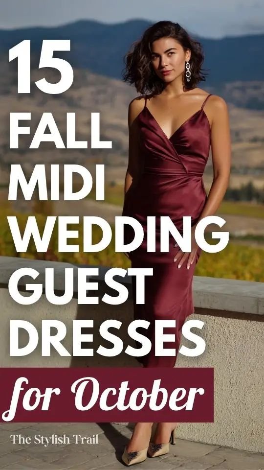 a woman wears a fall midi burgundy wedding guest dress with gold heels for October wedding