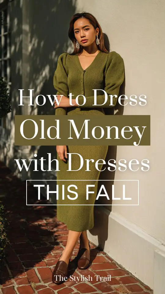 a woman wears a fall old money outfit with green midi sweater dress for fall