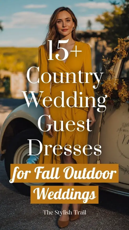 a woman wears a mustard fall outdoor country wedding guest dress with brown flats