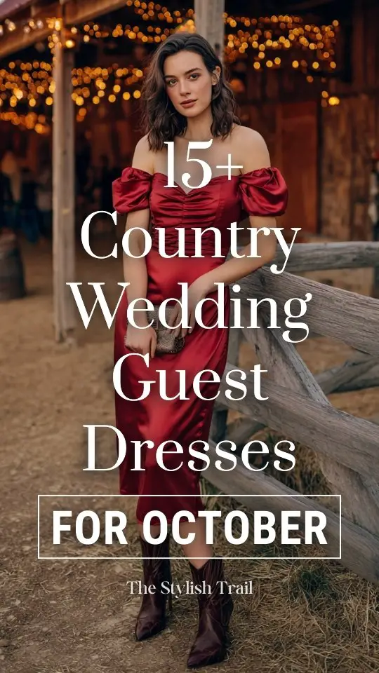 a woman wears a red country fall wedding guest dress for an October wedding