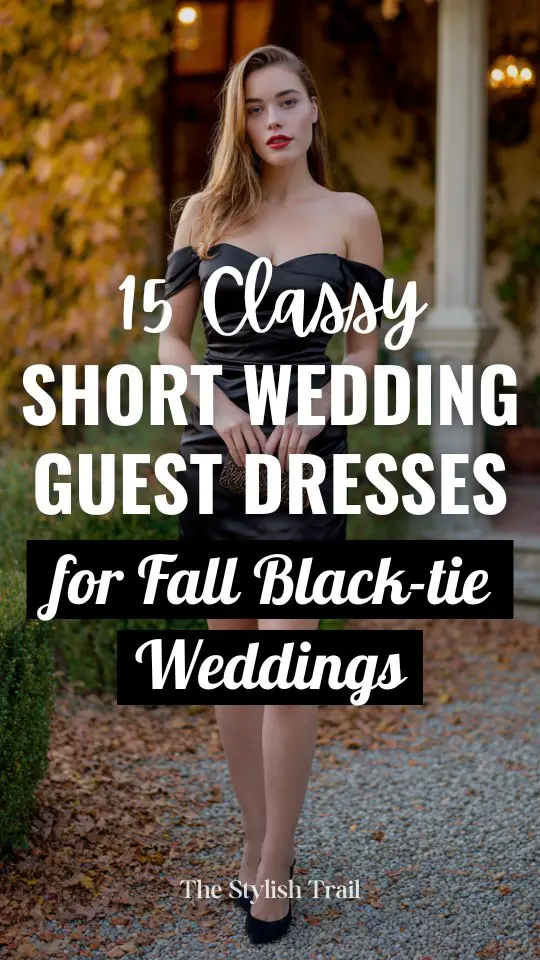 a woman wears a short black wedding guest dress for a fall black tie wedding