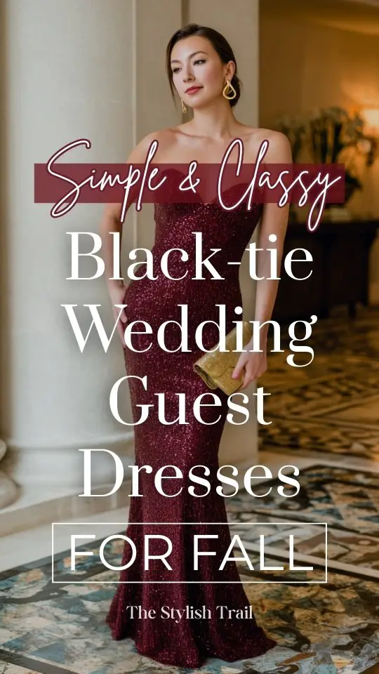 a woman wears a simple classy sequin wedding guest dress for fall black tie wedding