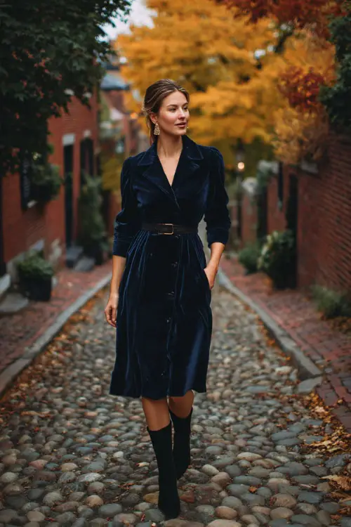 woman in a navy velvet A-line dress with a belted waist, styled with black suede boots and crystal drop earrings, walking through a cobblestone street lined with fall foliage 