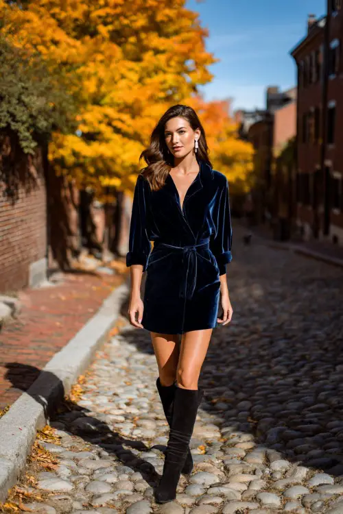 woman in a navy velvet A-line dress with a belted waist, styled with black suede boots and crystal drop earrings, walking through a cobblestone street lined with fall foliage