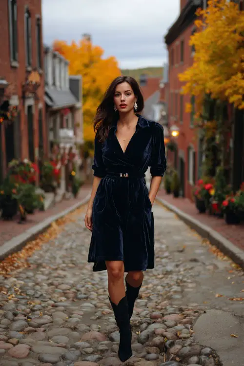 woman in a navy velvet A-line dress with a belted waist, styled with black suede boots and crystal drop earrings