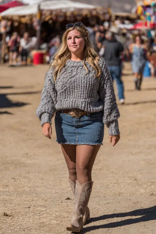 A plus-size woman in a cozy oversized knit sweater tucked into a denim skirt, paired with tights and cowgirl boots, walking through a fall festival crowd