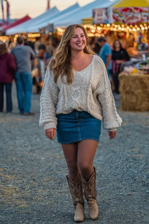 A plus-size woman in a cozy oversized knit sweater tucked into a denim skirt, paired with tights and cowgirl boots, walking through a fall festival crowd