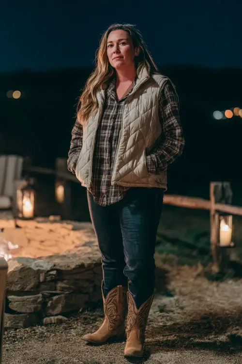 A plus-size woman in a quilted puffer vest layered over a flannel shirt, dark jeans, and tan cowboy boots, standing near a firepit with glowing lights in the distance 