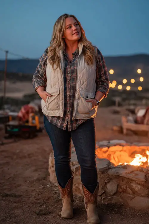 A plus-size woman in a quilted puffer vest layered over a flannel shirt, dark jeans, and tan cowboy boots, standing near a firepit with glowing lights in the distance