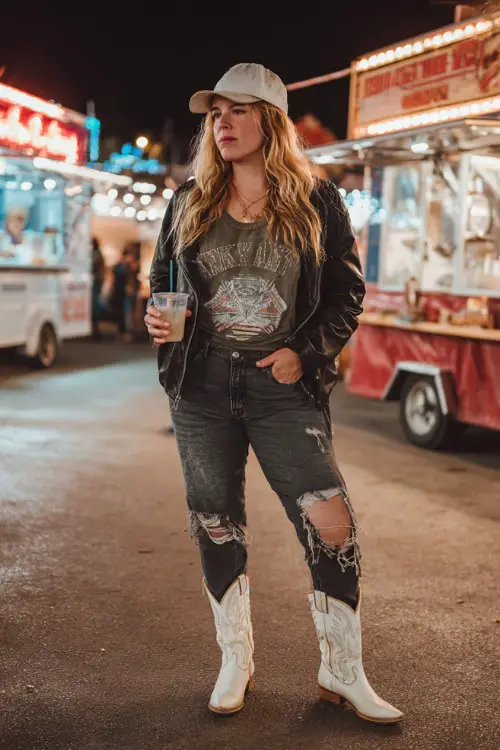 A plus-size woman in dark ripped jeans, a graphic tee, leather jacket, and white cowboy boots, holding a drink near neon-lit food stands at an outdoor concert 