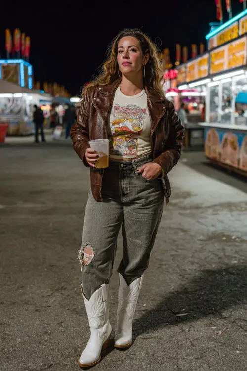 A plus-size woman in dark ripped jeans, a graphic tee, leather jacket, and white cowboy boots, holding a drink near neon-lit food stands at an outdoor concert
