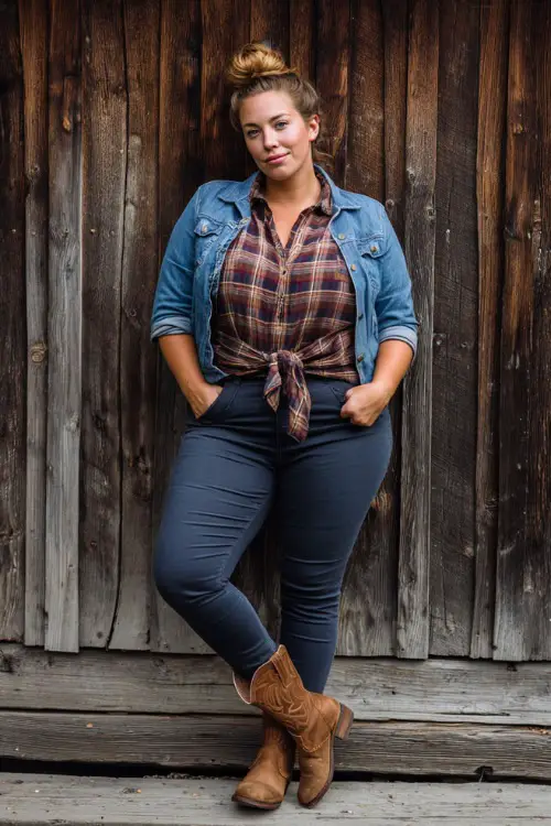 A plus-size woman in high-waisted dark skinny jeans, plaid button-down shirt tied at the waist, and brown cowboy boots, layered with a denim jacket, standing on a rustic wooden stage 