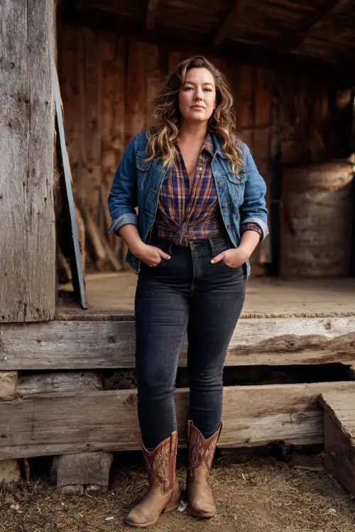 A plus-size woman in high-waisted dark skinny jeans, plaid button-down shirt tied at the waist, and brown cowboy boots, layered with a denim jacket, standing on a rustic wooden stage 