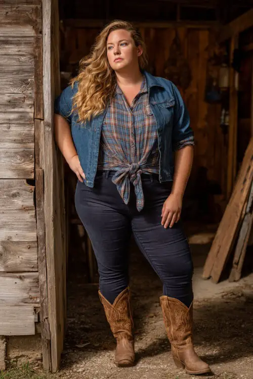 A plus-size woman in high-waisted dark skinny jeans, plaid button-down shirt tied at the waist, and brown cowboy boots, layered with a denim jacket, standing on a rustic wooden stage