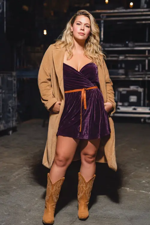 A plus-size woman styled in a velvet wrap dress with a waist belt, layered with a long coat and tan cowboy boots, posing confidently near a stage at night 