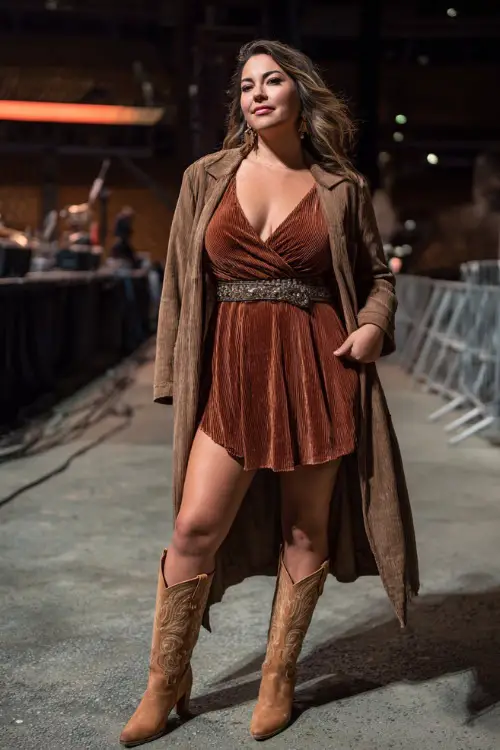 A plus-size woman styled in a velvet wrap dress with a waist belt, layered with a long coat and tan cowboy boots, posing confidently near a stage at night 