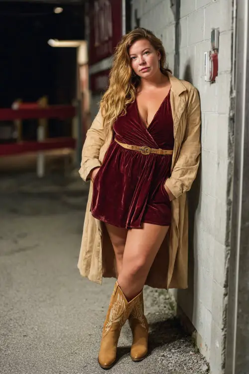 A plus-size woman styled in a velvet wrap dress with a waist belt, layered with a long coat and tan cowboy boots, posing confidently near a stage at night