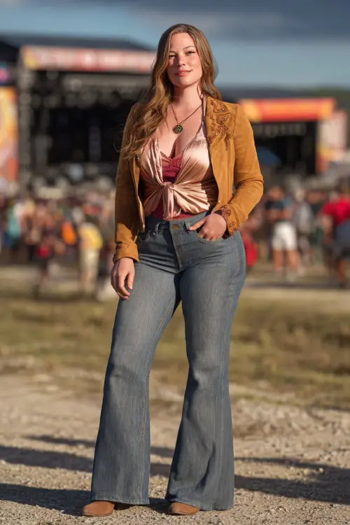 A plus-size woman styled in wide-leg jeans, a tucked-in satin blouse, a cropped suede jacket, and cowboy boots, standing in front of a country stage with the crowd behind her 