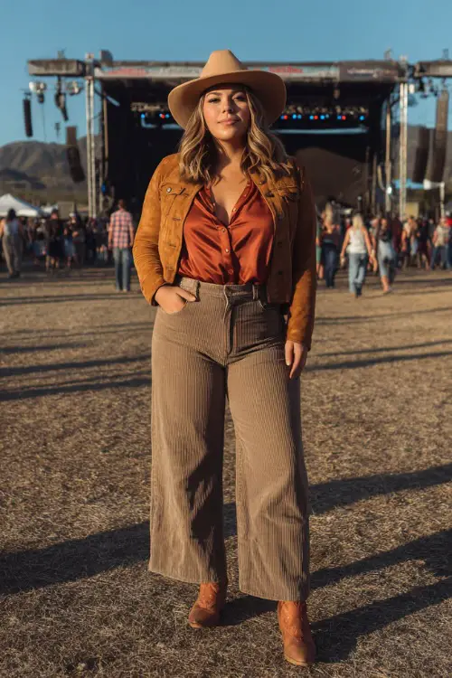 A plus-size woman styled in wide-leg jeans, a tucked-in satin blouse, a cropped suede jacket, and cowboy boots, standing in front of a country stage with the crowd behind her 