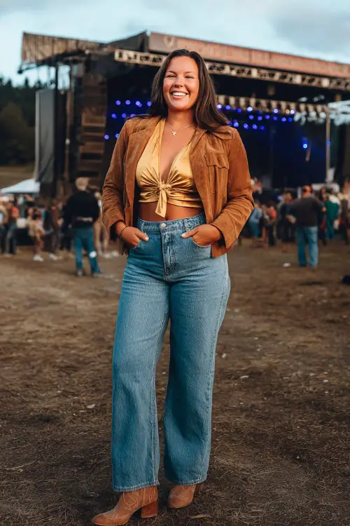 A plus-size woman styled in wide-leg jeans, a tucked-in satin blouse, a cropped suede jacket, and cowboy boots, standing in front of a country stage with the crowd behind her
