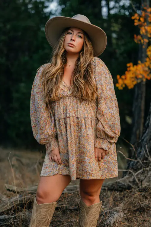 A plus-size woman wearing a flowy floral midi dress with long sleeves, paired with tall suede cowboy boots and a wide-brim felt hat, standing near autumn trees at a country concert 