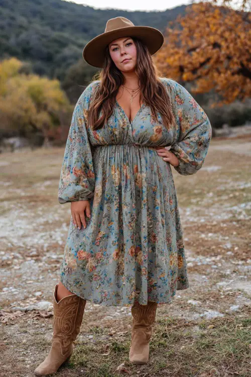 A plus-size woman wearing a flowy floral midi dress with long sleeves, paired with tall suede cowboy boots and a wide-brim felt hat, standing near autumn trees at a country concert 