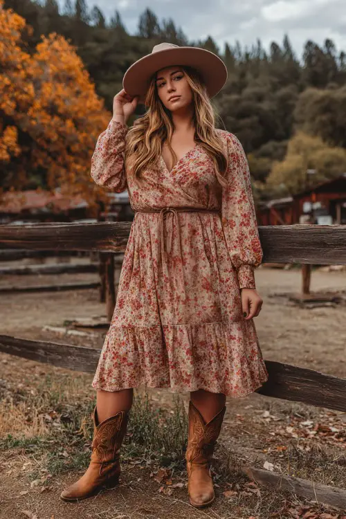 A plus-size woman wearing a flowy floral midi dress with long sleeves, paired with tall suede cowboy boots and a wide-brim felt hat, standing near autumn trees at a country concert 