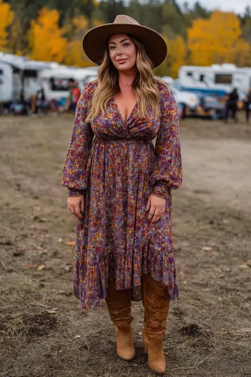 A plus-size woman wearing a flowy floral midi dress with long sleeves, paired with tall suede cowboy boots and a wide-brim felt hat, standing near autumn trees at a country concert
