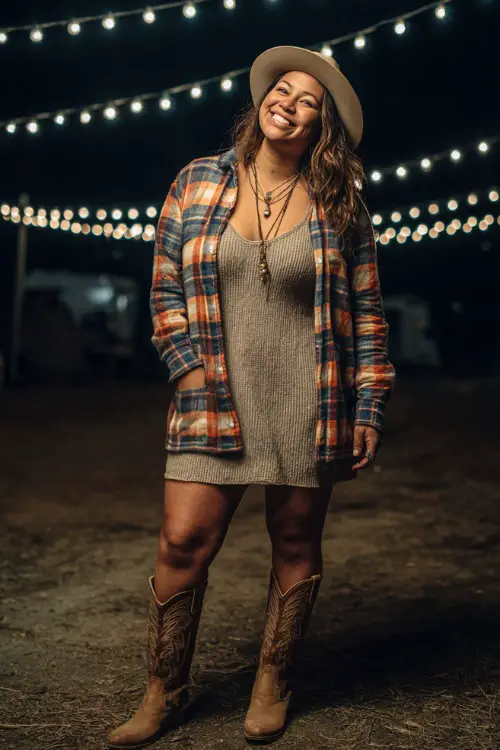 A plus-size woman wearing a plaid shacket over a fitted knit dress, paired with tall cowboy boots and layered jewelry, standing with friends under fairy lights 