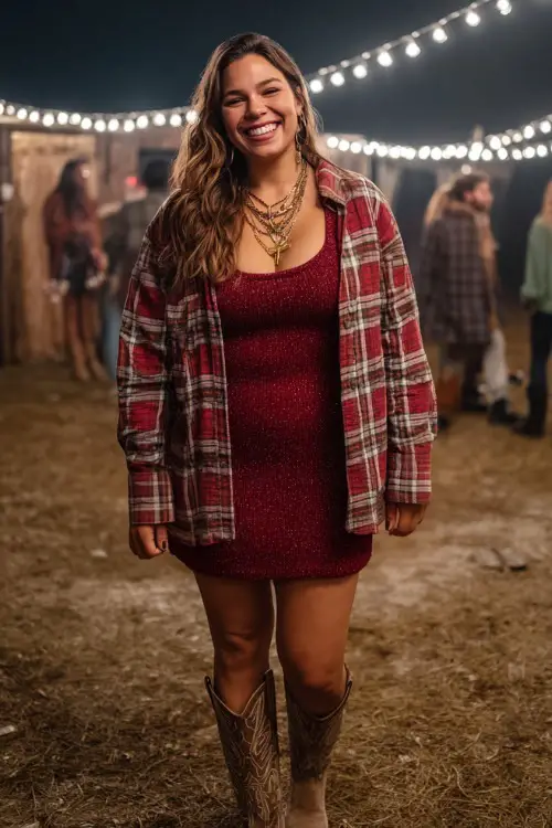 A plus-size woman wearing a plaid shacket over a fitted knit dress, paired with tall cowboy boots and layered jewelry, standing with friends under fairy lights 