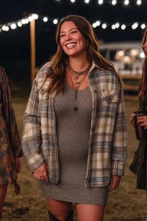 A plus-size woman wearing a plaid shacket over a fitted knit dress, paired with tall cowboy boots and layered jewelry, standing with friends under fairy lights