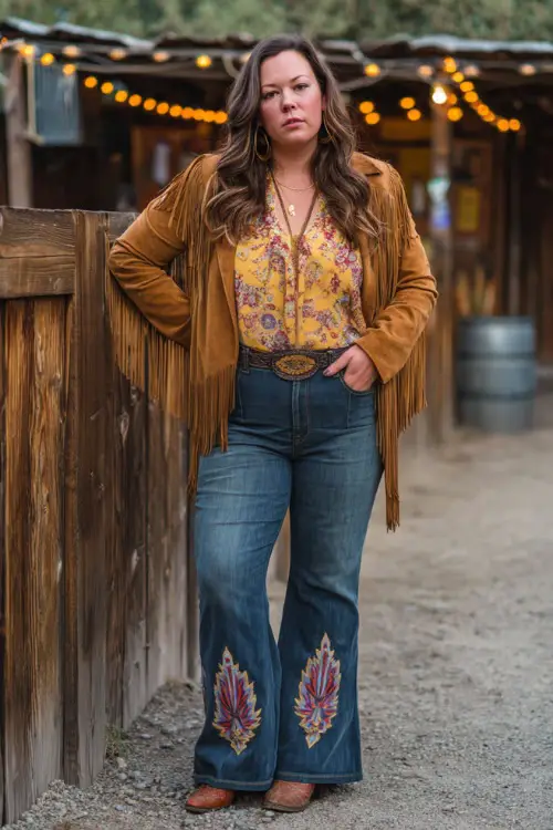 A plus-size woman wearing flared jeans with a bohemian blouse tucked in, suede fringe jacket, and embroidered cowboy boots, leaning against a wooden fence with string lights overhead 