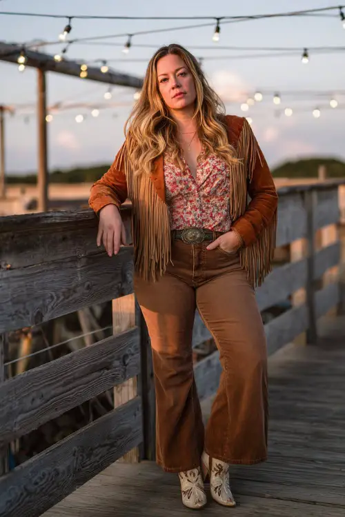 A plus-size woman wearing flared jeans with a bohemian blouse tucked in, suede fringe jacket, and embroidered cowboy boots, leaning against a wooden fence with string lights overhead 