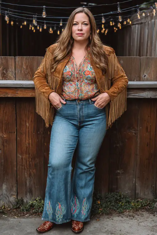 A plus-size woman wearing flared jeans with a bohemian blouse tucked in, suede fringe jacket, and embroidered cowboy boots, leaning against a wooden fence with string lights overhead